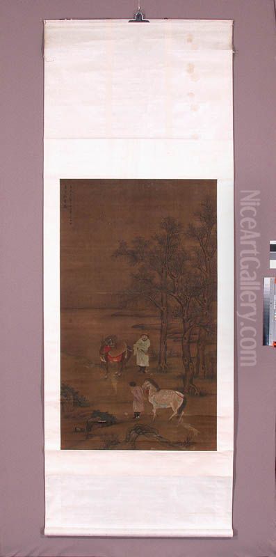 Dwoch Mongolow z konmi Oil Painting by Zhao Mengfu
