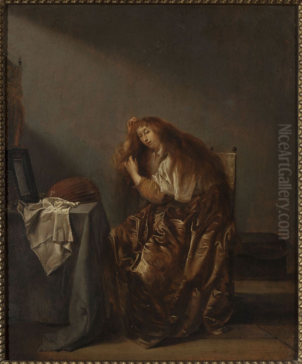 Woman in front of the mirror Oil Painting by Pieter Codde