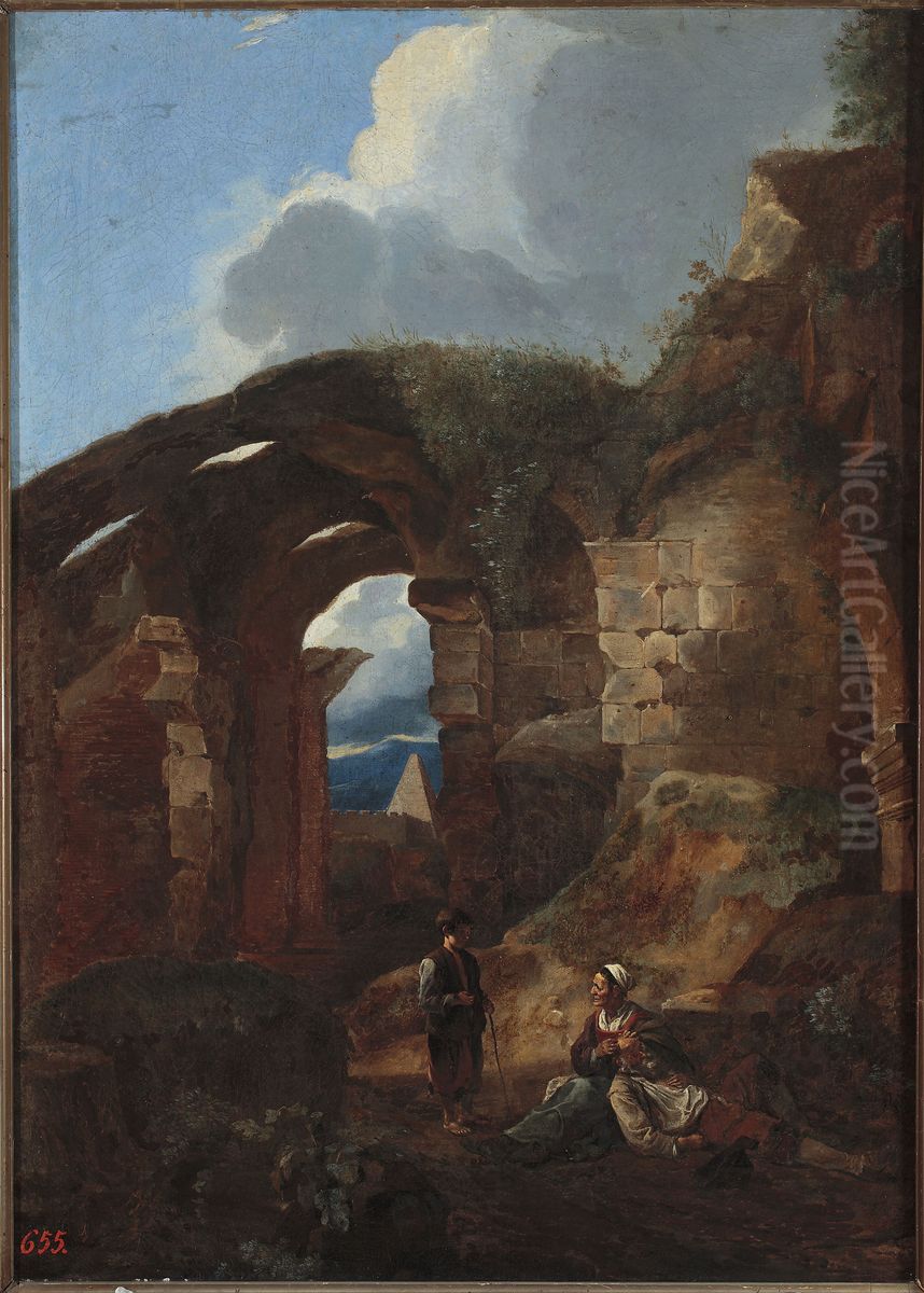 Vagabonds resting in the ruins of the Colosseum Oil Painting by Michelangelo Cerquozzi