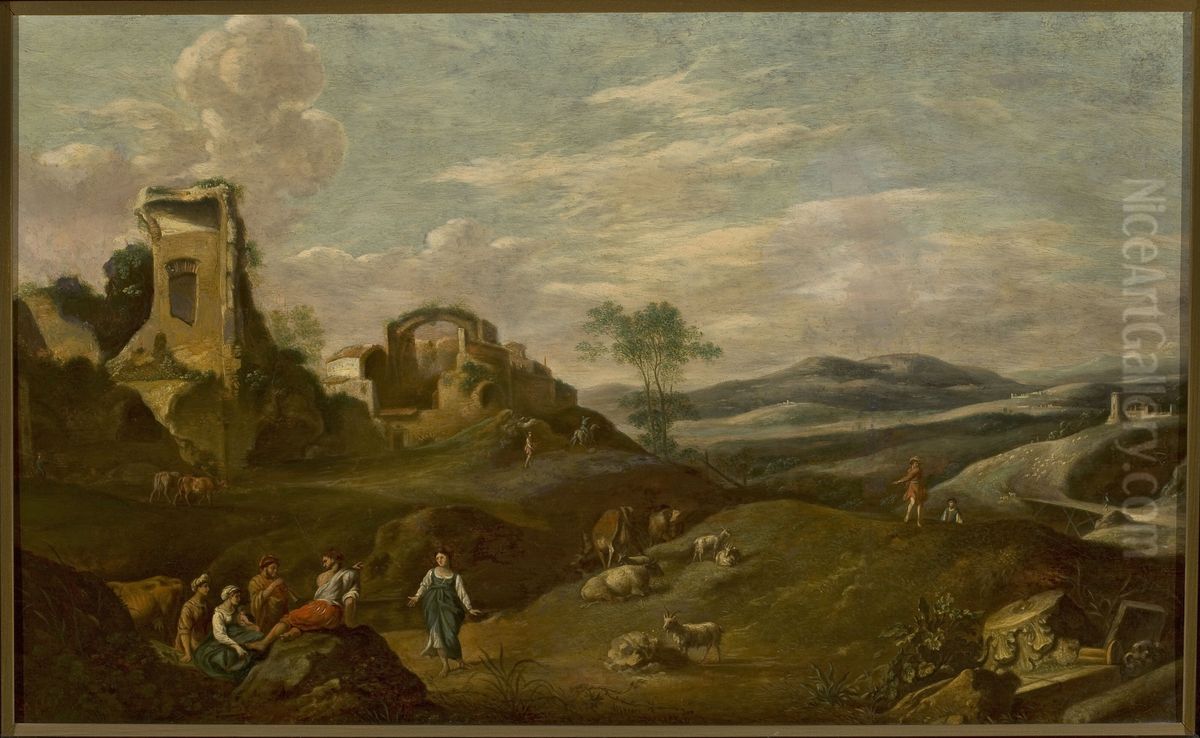 Italian landscape with ruins Oil Painting by Cornelius van Poelenburgh