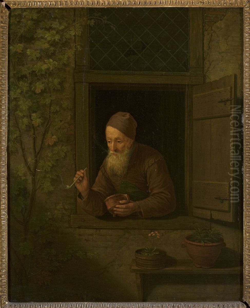 Old man with a pipe in the window Oil Painting by Gerrit Dou