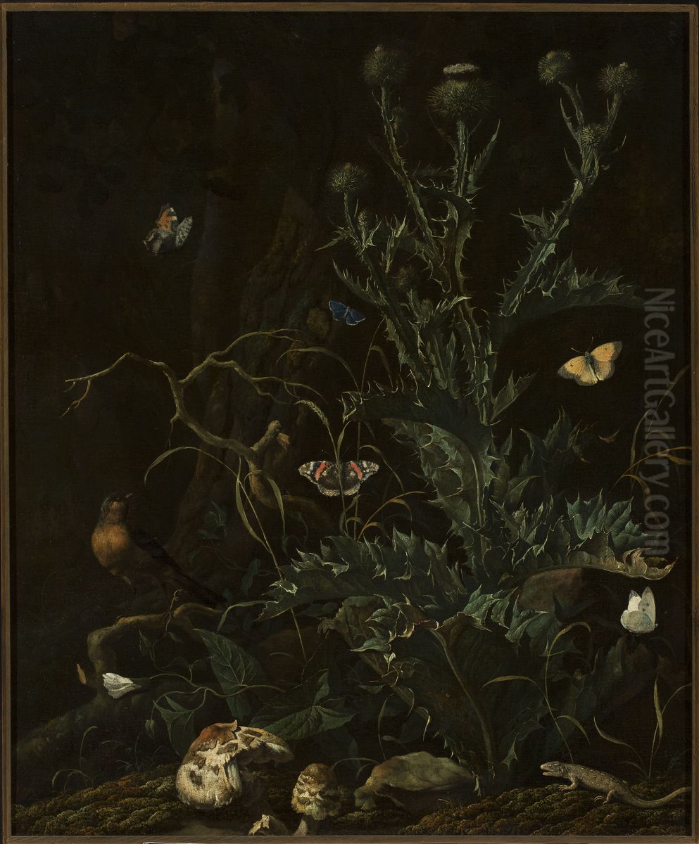 Thistles, butterflies and a lizard Oil Painting by Abraham Begeyn