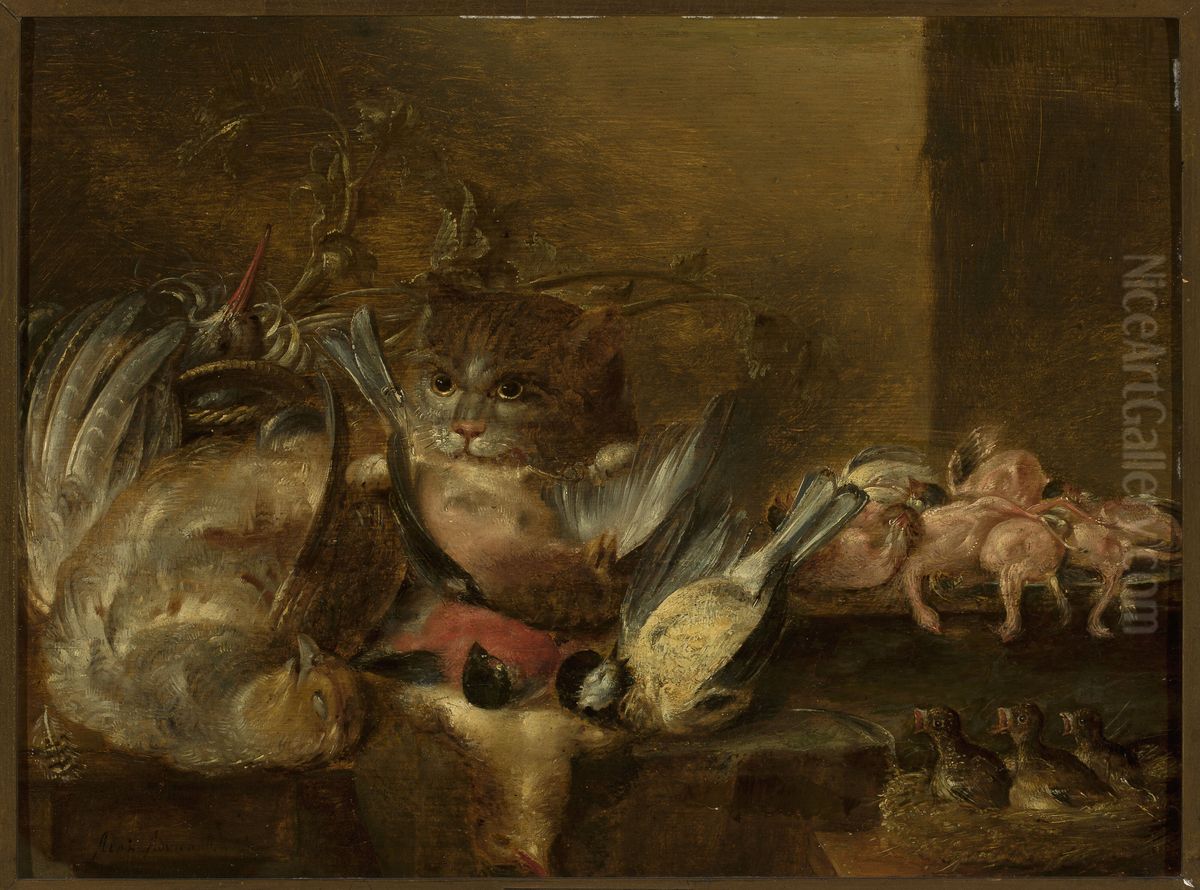 Dead birds and a cat Oil Painting by Alexander Adriaenssen