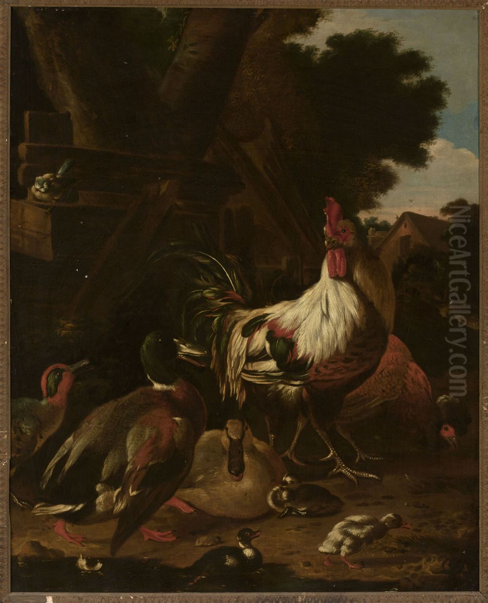 Rooster and ducks Oil Painting by Melchior D'Hondecoeter