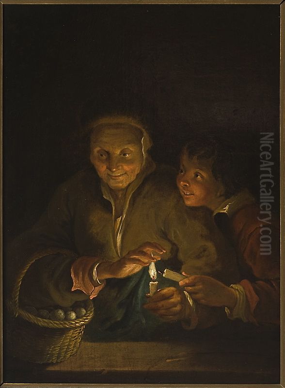 Old woman and a boy with a candle Oil Painting by (studio of) Rubens, Peter Paul