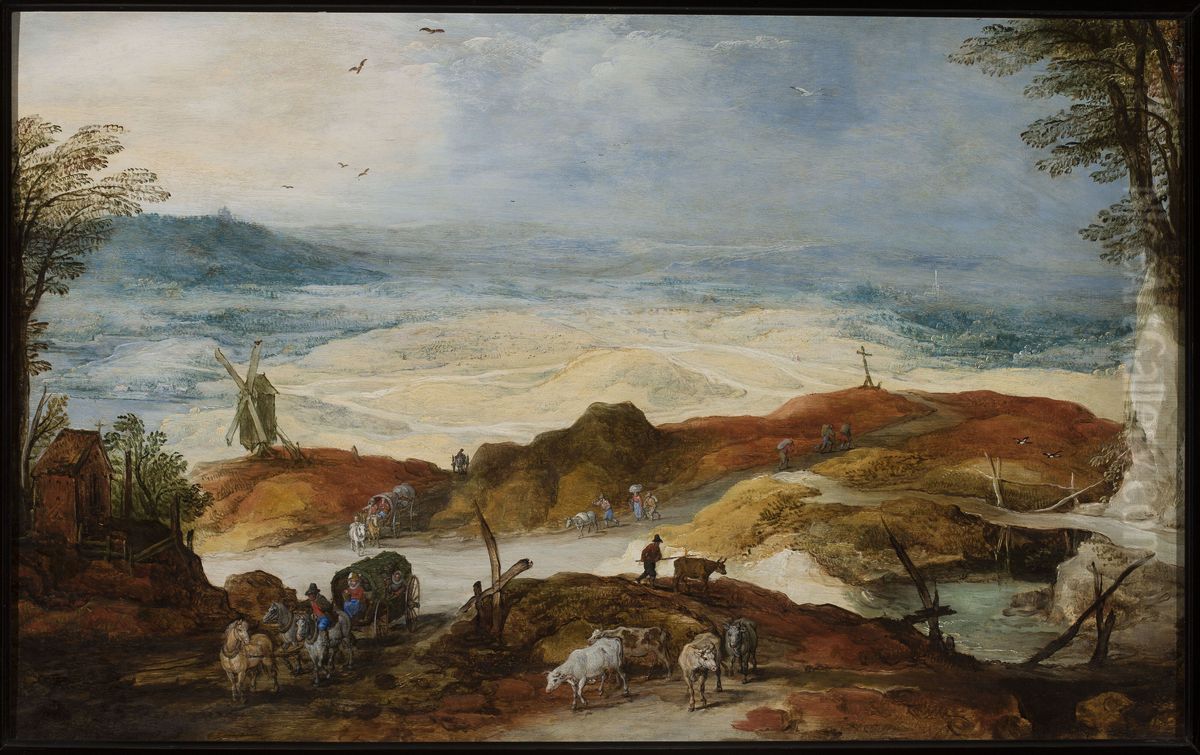 Sandy landscape with travellers and cattle Oil Painting by Joos de Momper the Younger