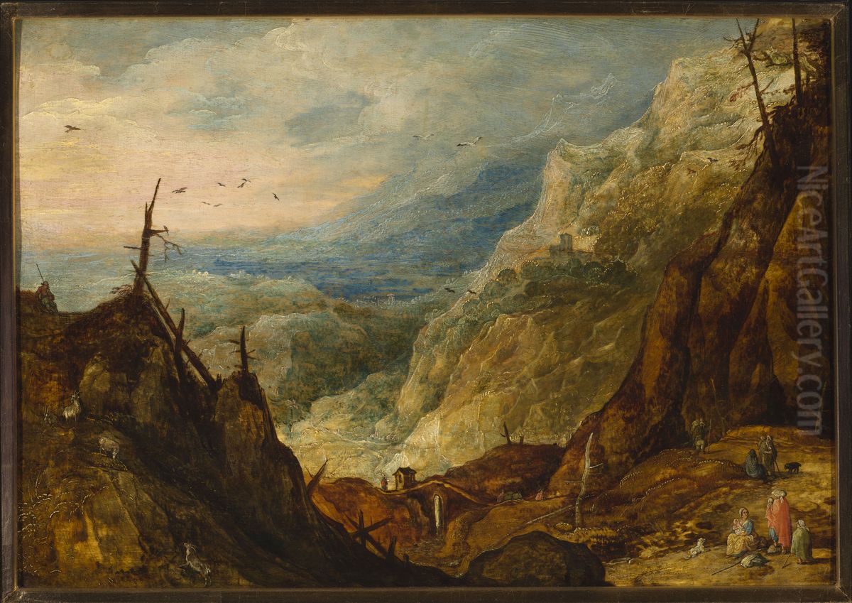 Mountain landscape with a broken tree Oil Painting by Joos de Momper the Younger