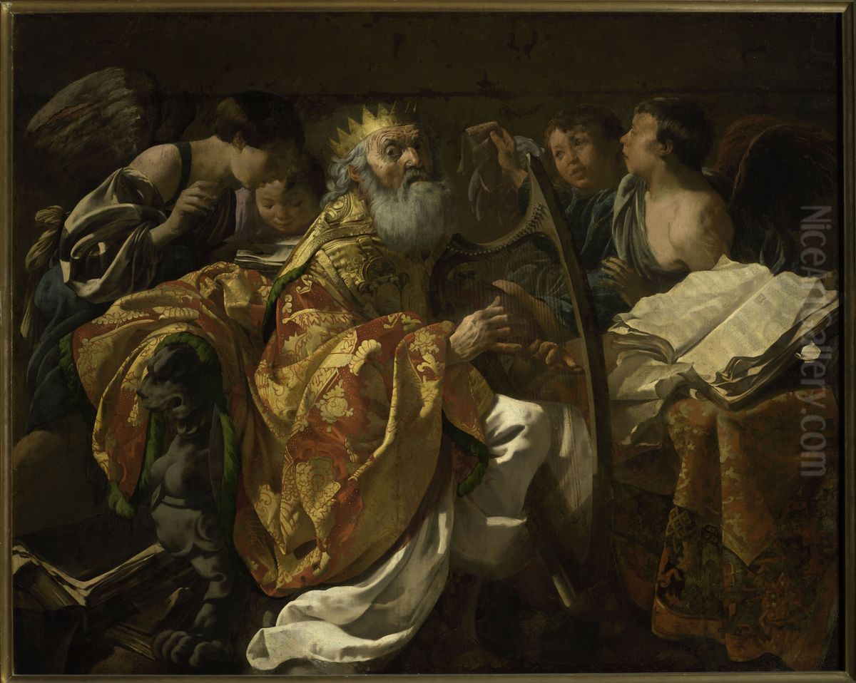 King David playing the harp among angels Oil Painting by Hendrick Ter Brugghen