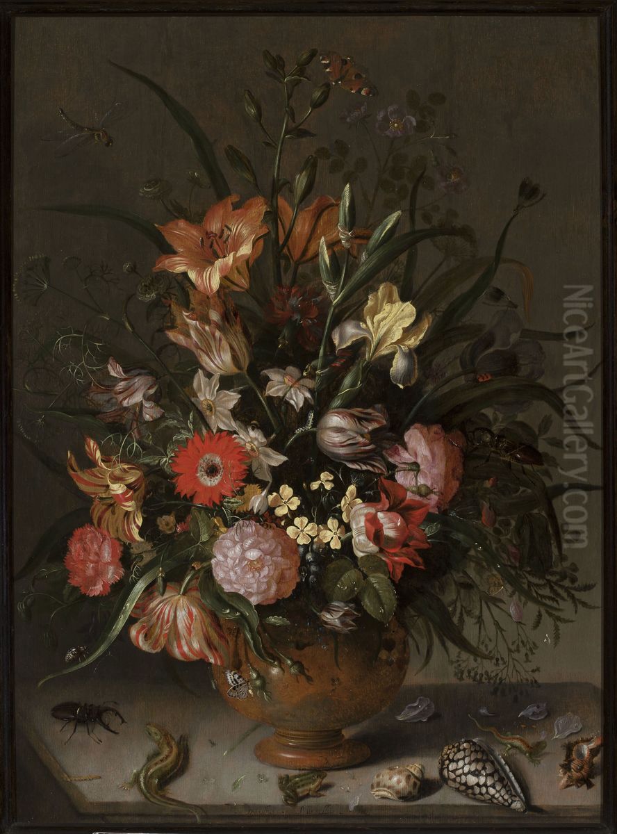Bouquet of flowers in a vase, insects and tiny creatures Oil Painting by Jacob Marrel
