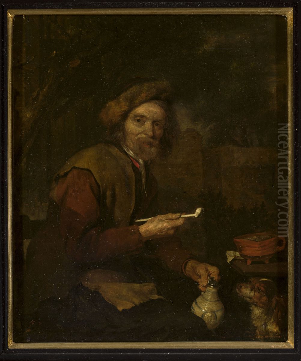 Smoker with a pipe and a pitcher in his hands Oil Painting by Gabriel Metsu