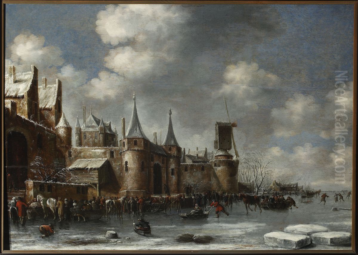 Skating by the city walls Oil Painting by Thomas Heeremans