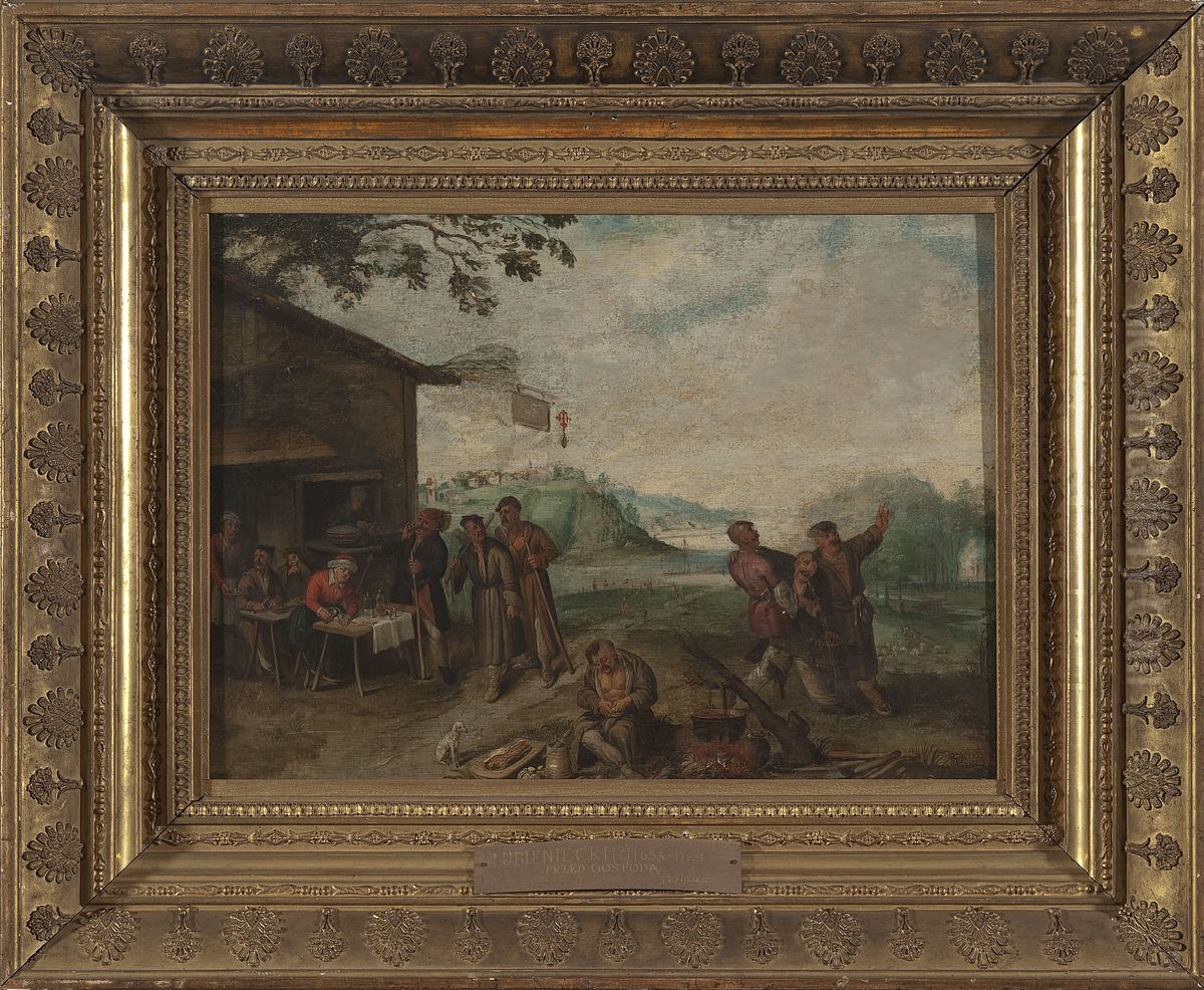 Scene in front of a tavern Oil Painting by Krzysztof Lubieniecki