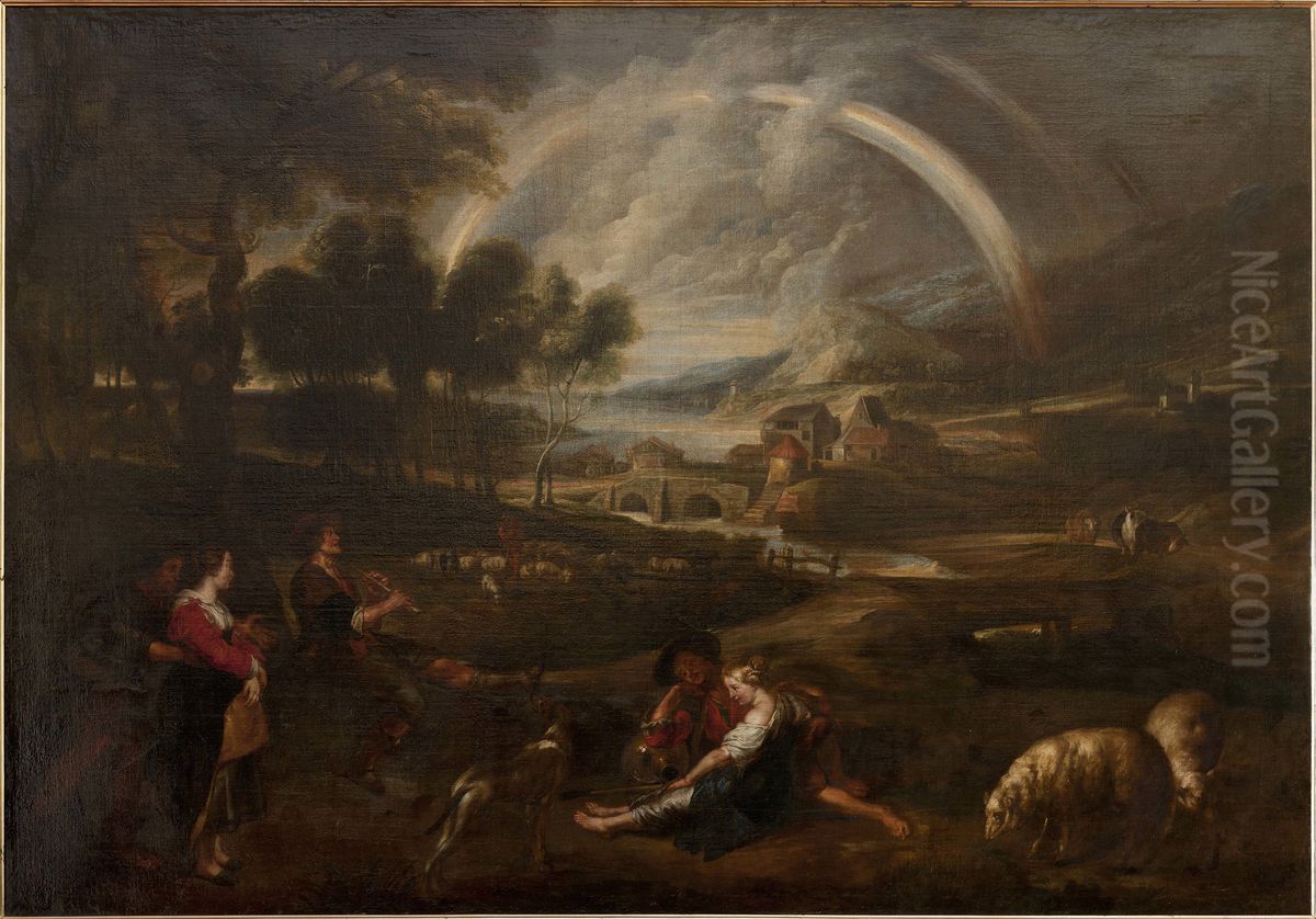 Landscape with a rainbow Oil Painting by (studio of) Rubens, Peter Paul