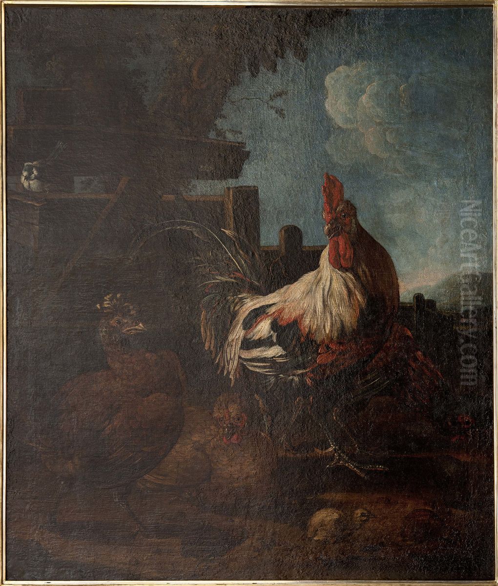 Rooster with hens and chickens Oil Painting by Melchior D'Hondecoeter