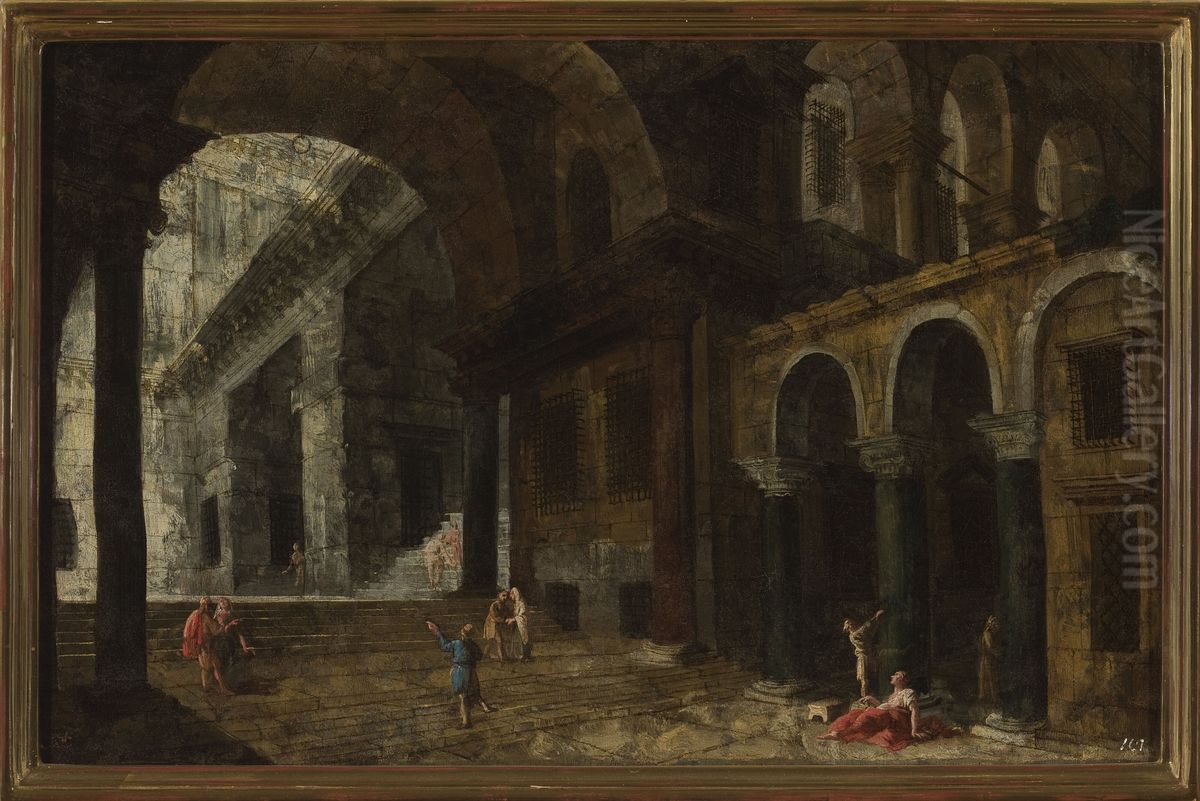 Architectural fantasy featuring a prison courtyard Oil Painting by Michele Marieschi