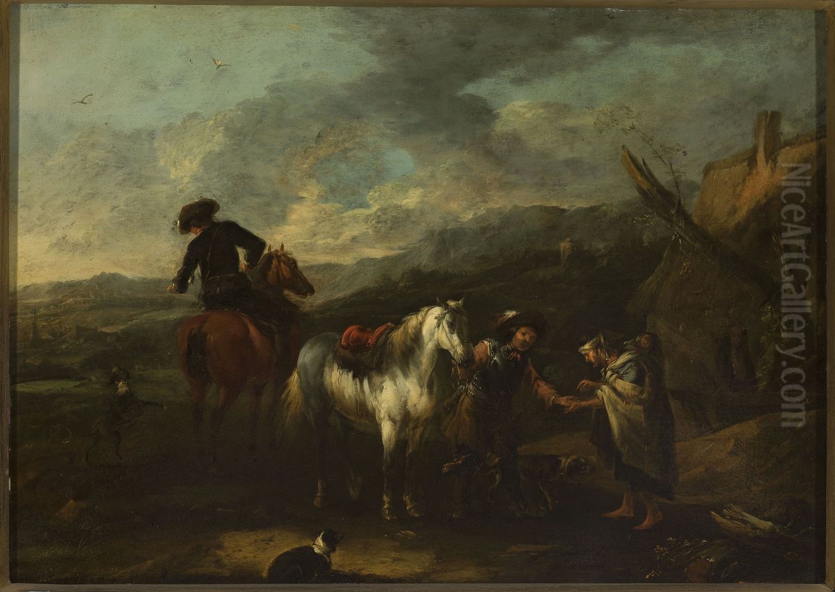 Horsemen and a beggar woman against landscape Oil Painting by August Querfurt