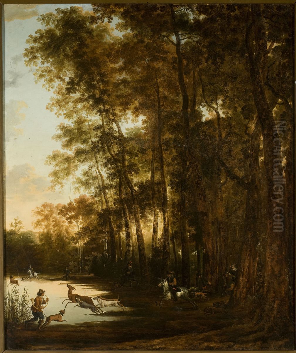 Deer Hunters in the Woods Oil Painting by Jan Hackaert