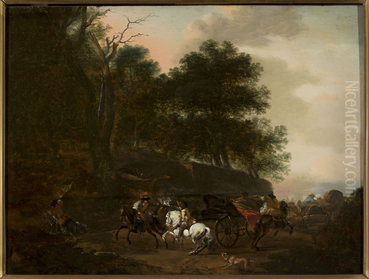 Assault on travellers Oil Painting by August Querfurt