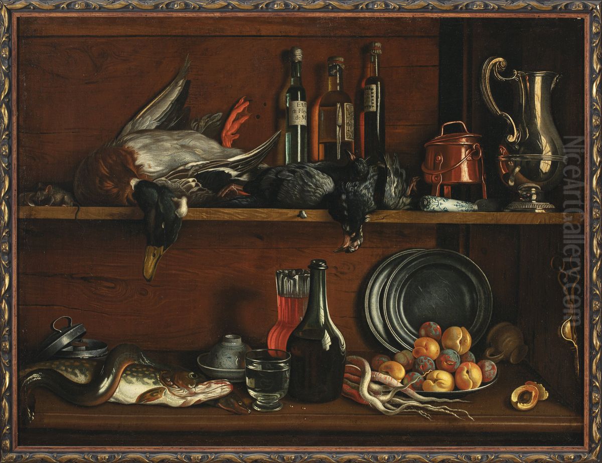 Trompe-l'oeil - cabinet in the pantry with wild fowls, fish and fruit Oil Painting by Jean Valette-Penot