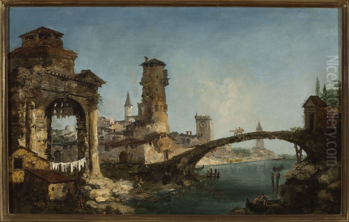 Landscape with ruins and a bridge Oil Painting by Michele Marieschi