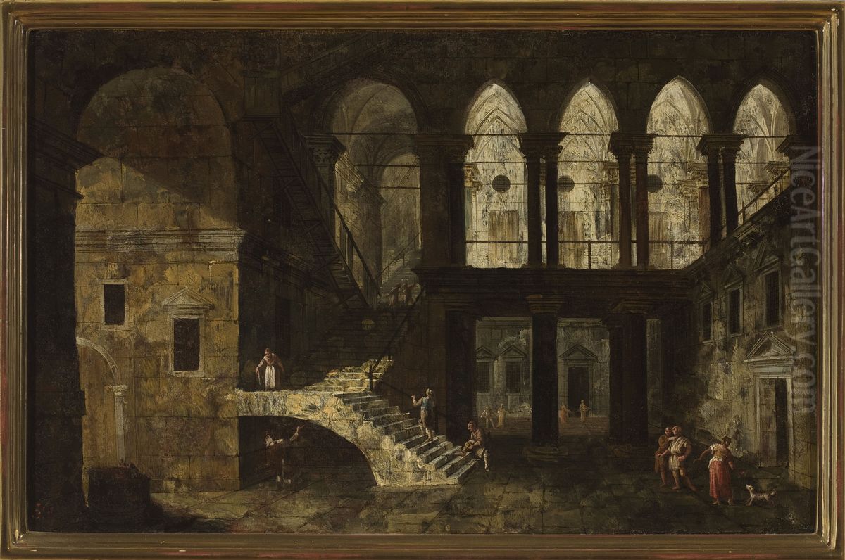 Architectural fantasy featuring a palace courtyard Oil Painting by Michele Marieschi