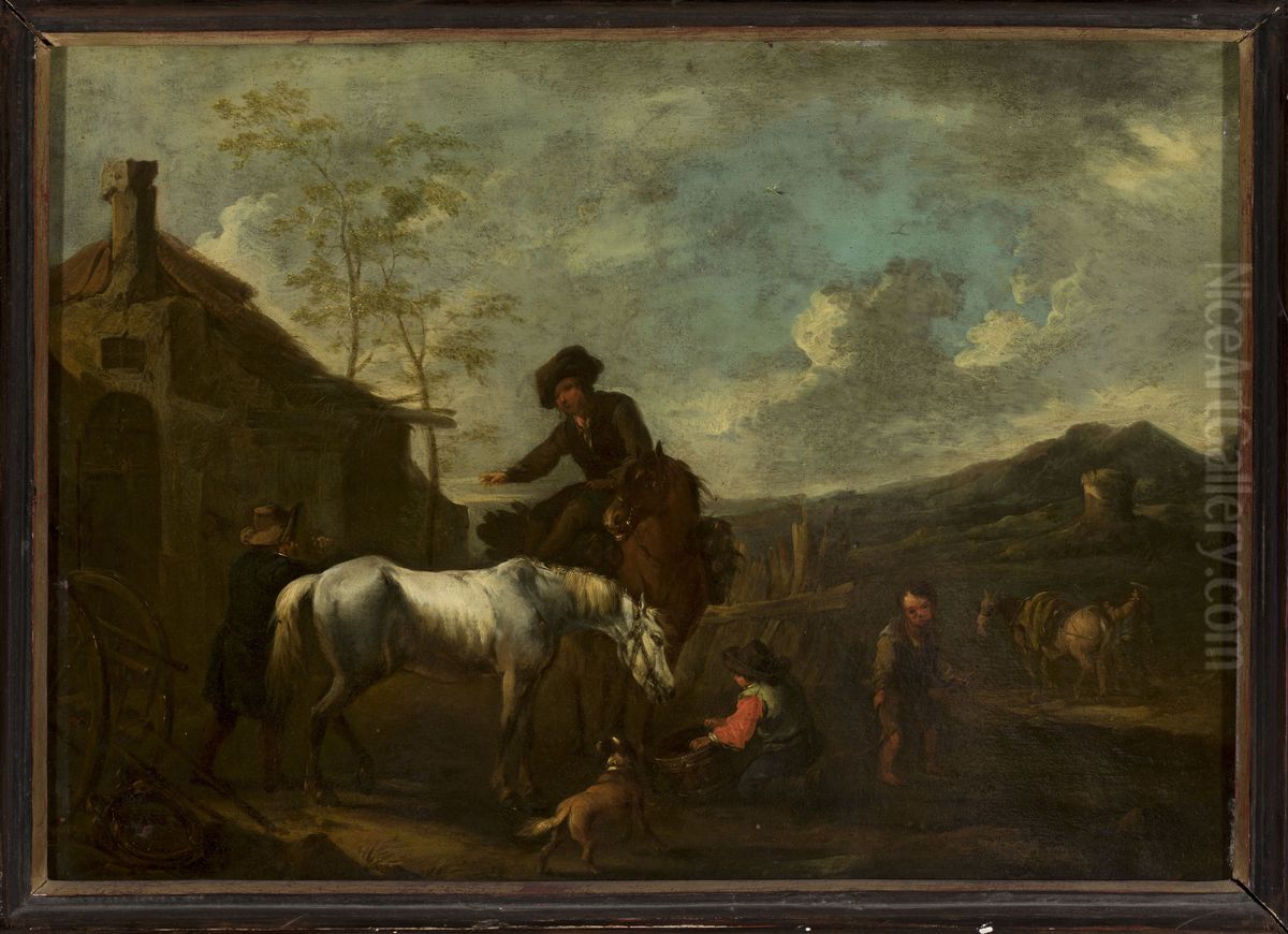 Watering the horses Oil Painting by August Querfurt