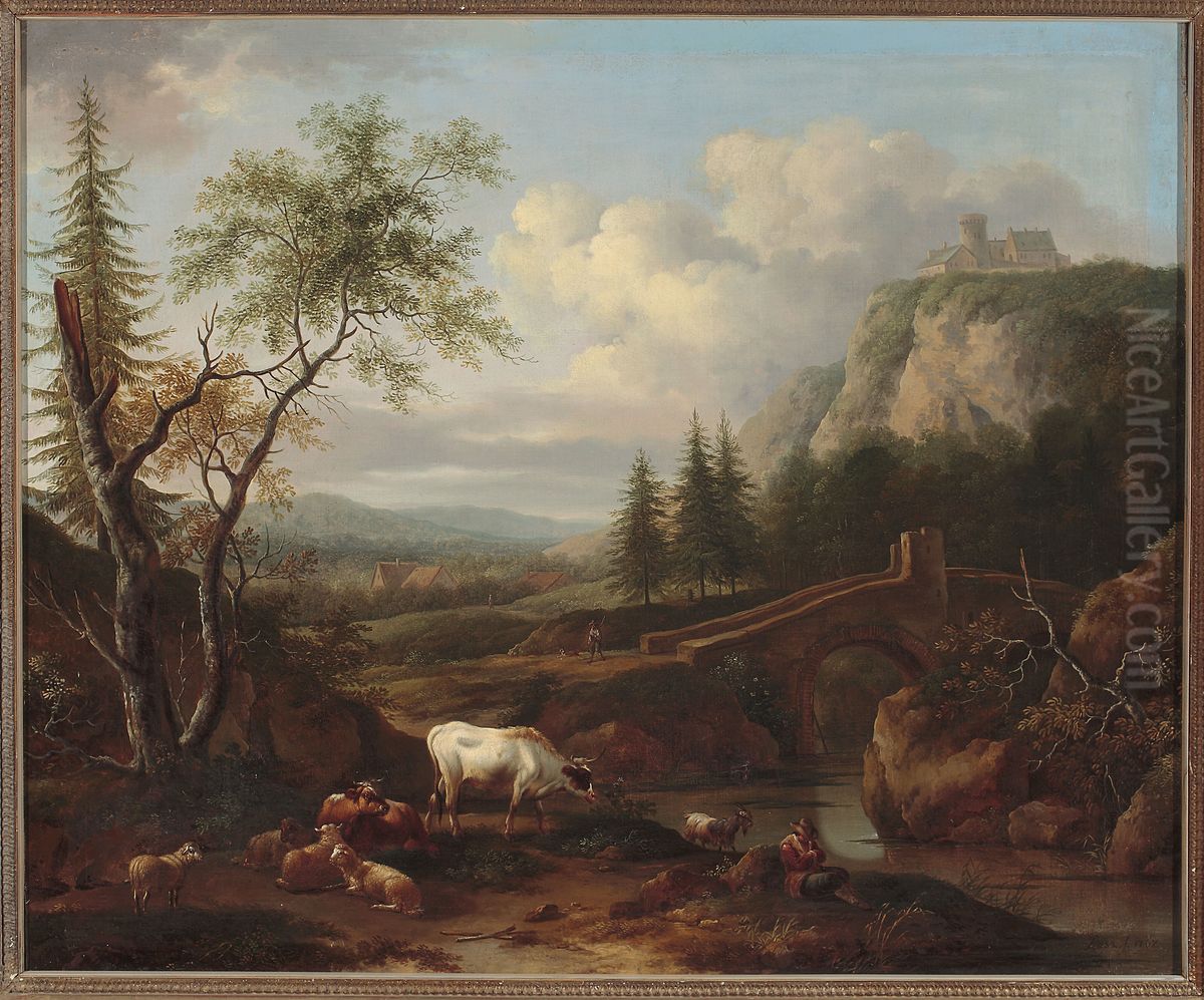 Mountain landscape with a bridge Oil Painting by Joseph Roos