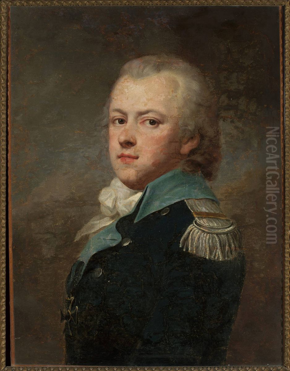 Portrait of Jan Krasicki, Rogala coat of arms (ca. 1764-1831) in a dark blue uniform jacket of the 14th Potocki Infantry Regiment Oil Painting by Jozef Pitschmann
