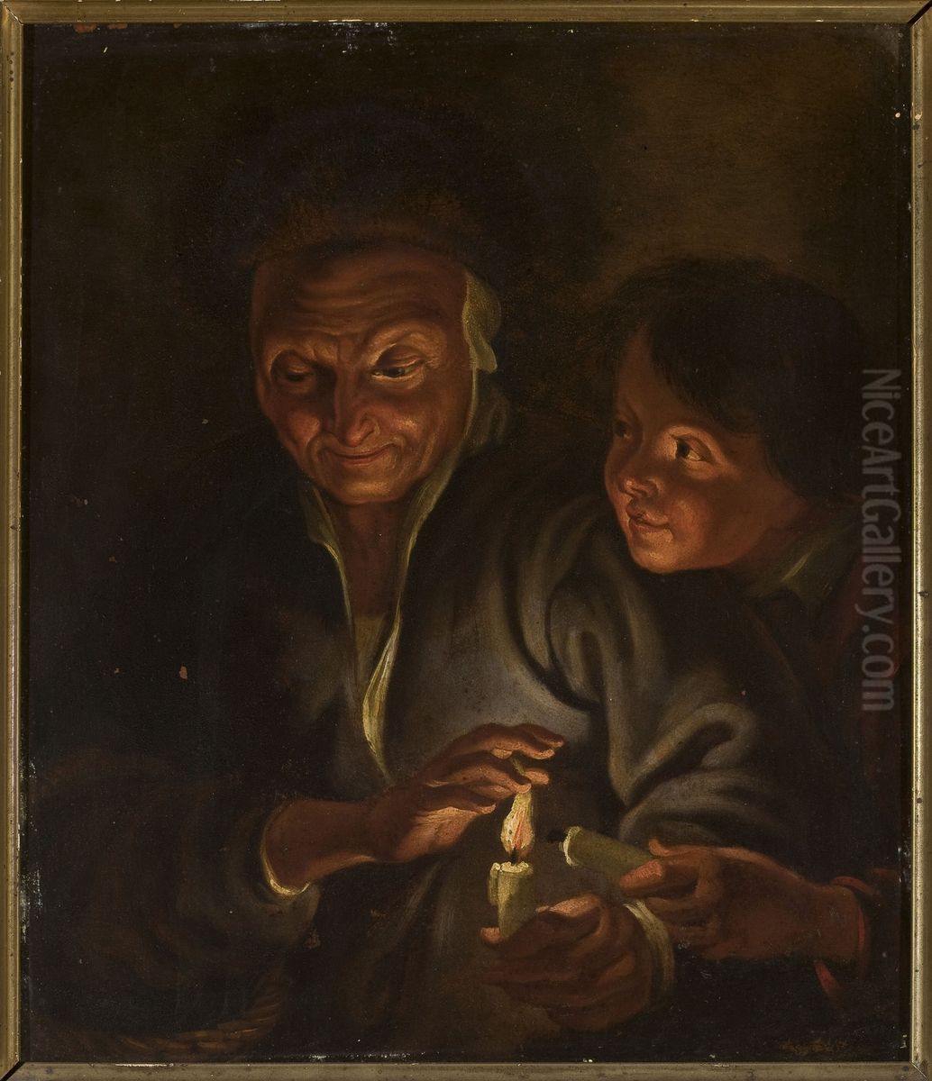 Old woman and a boy with a candle Oil Painting by (studio of) Rubens, Peter Paul