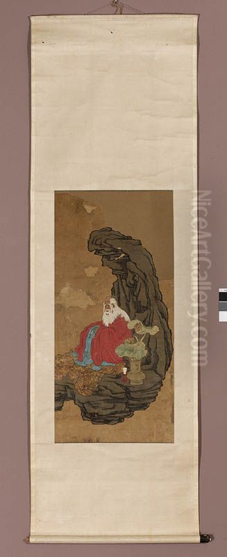 Arhat w czerwonej oponczy siedzacy pod skala Oil Painting by Chen Hongshou