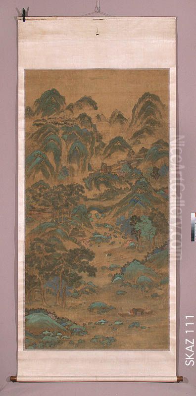 Przeprawa przez gorski potok - pejzaz w stylu niebiesko-zielonym Oil Painting by Qiu Ying