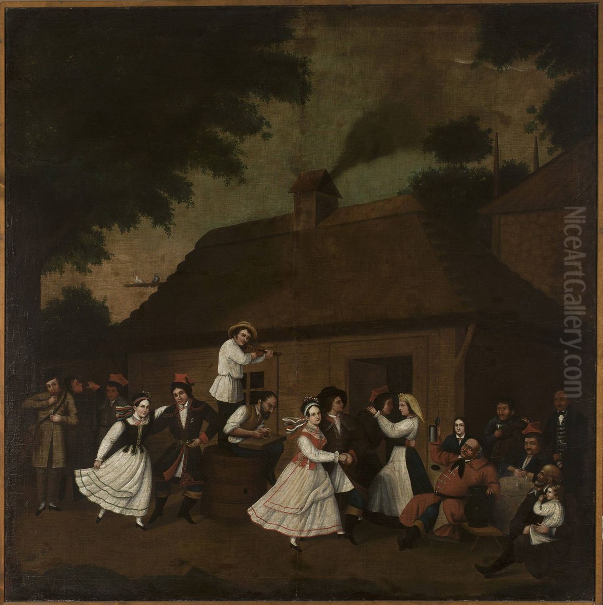 Dancing in front of the village inn Oil Painting by Michal Stachowicz