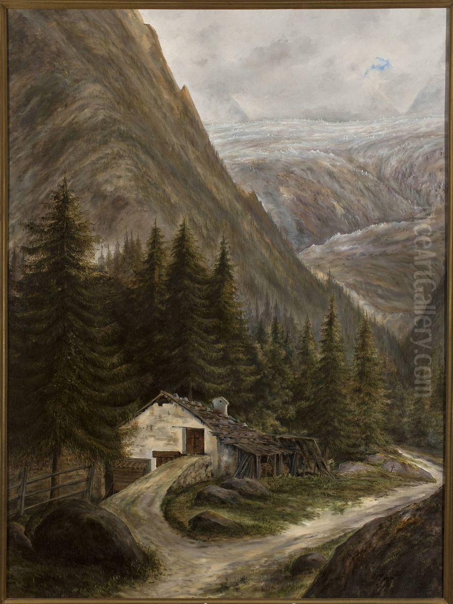 Mountain landscape with a cottage - Aosta Valley Oil Painting by Cyprian Lachnicki