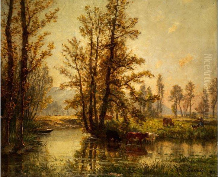 Landschaft Mit Jungen Baumen An Einem Bachlauf Oil Painting by Georges Louis Ch. Busson