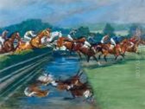 Grand Steeple Chase A Enghien, 26 Mai 1928 Oil Painting by Georges Louis Ch. Busson