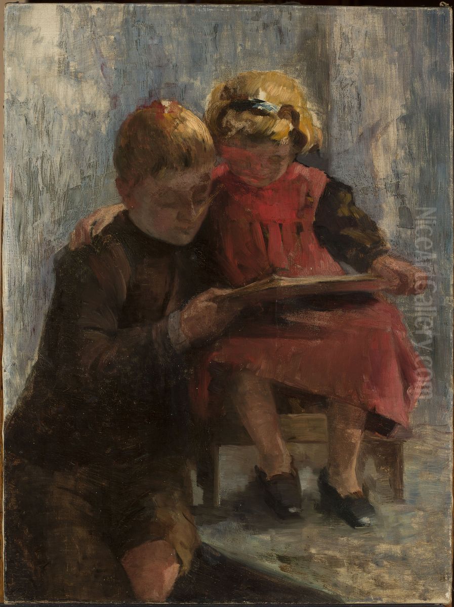 Study of two children Oil Painting by Julius Scholtz