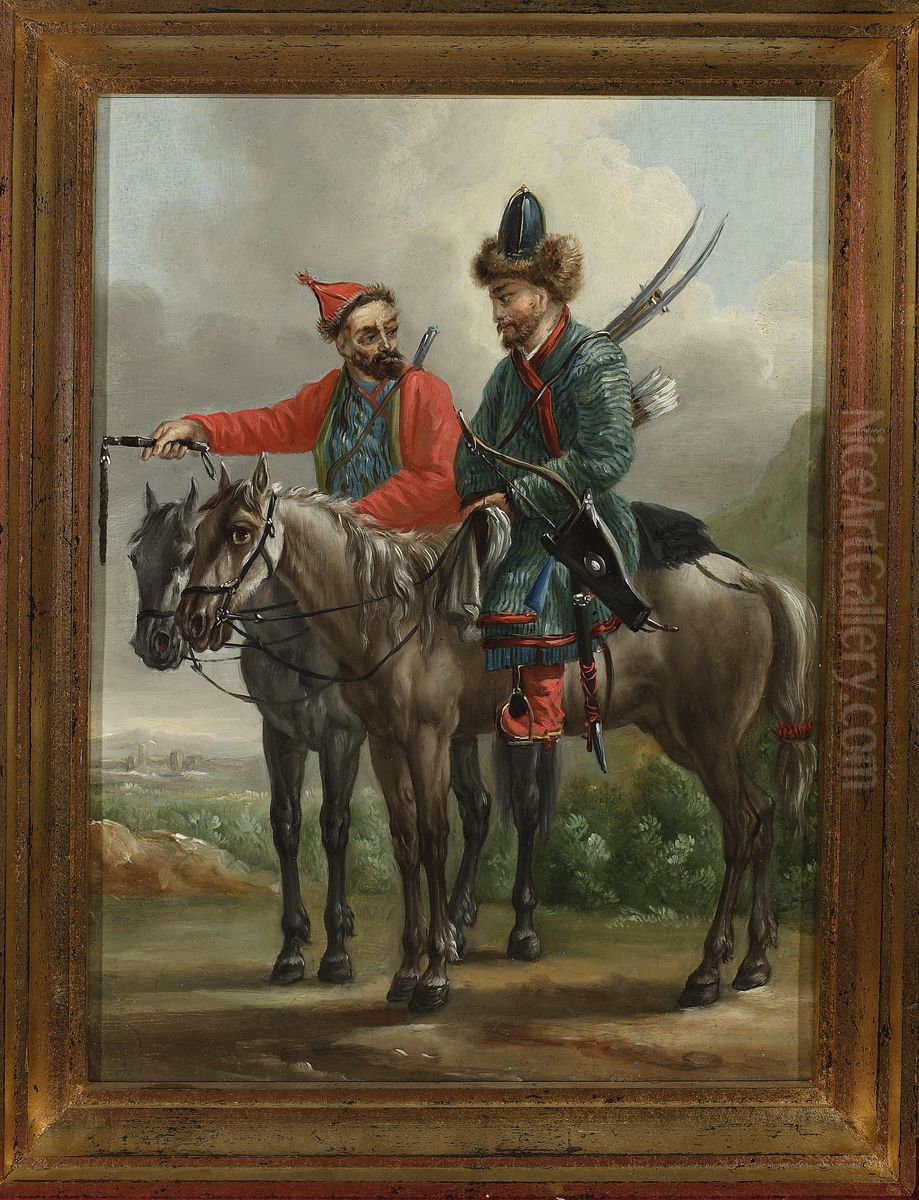 Two Kalmyk horsemen Oil Painting by Aleksander Orlowski