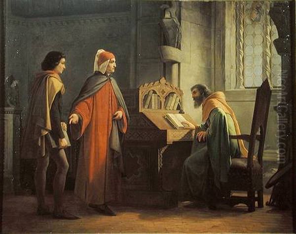 Dante Alighieri presenting Giotto to Guido da Polenta Oil Painting by Juan Mochi