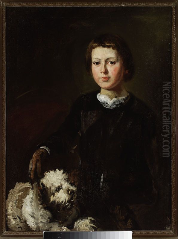 Portrait of artist's won with a dog Oil Painting by Piotr Michalowski
