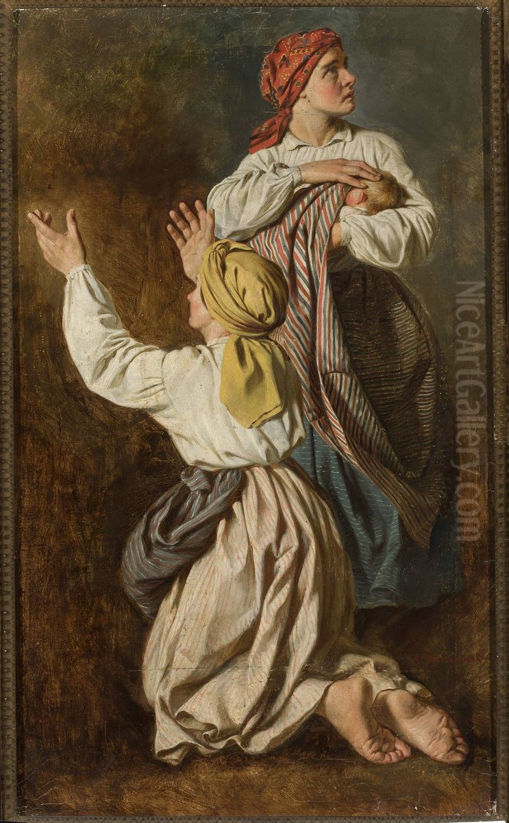 Women fleeing from the fire Oil Painting by Antoni Murzynowski