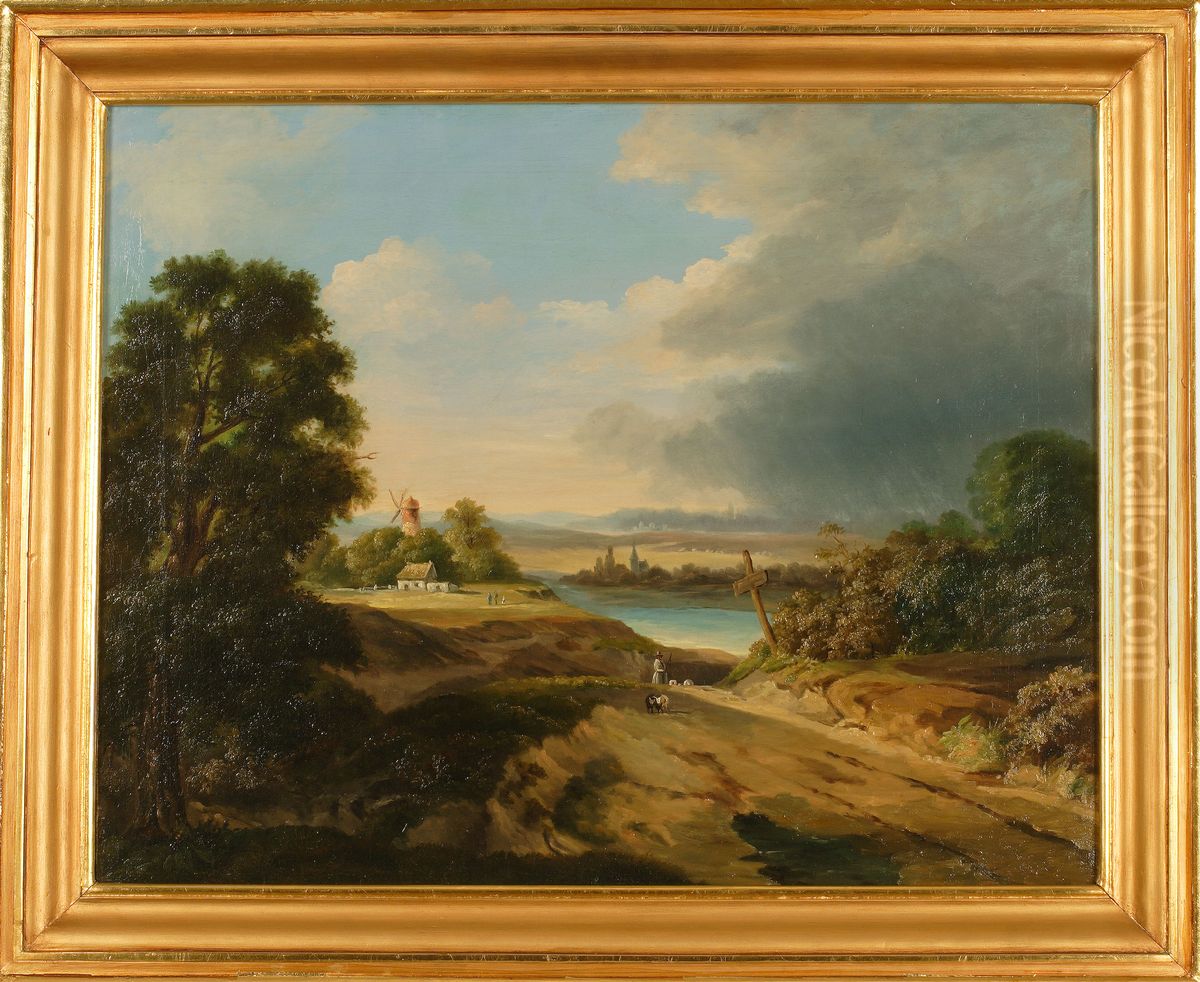 Landscape with a windmill Oil Painting by Fryderyk Skarbek