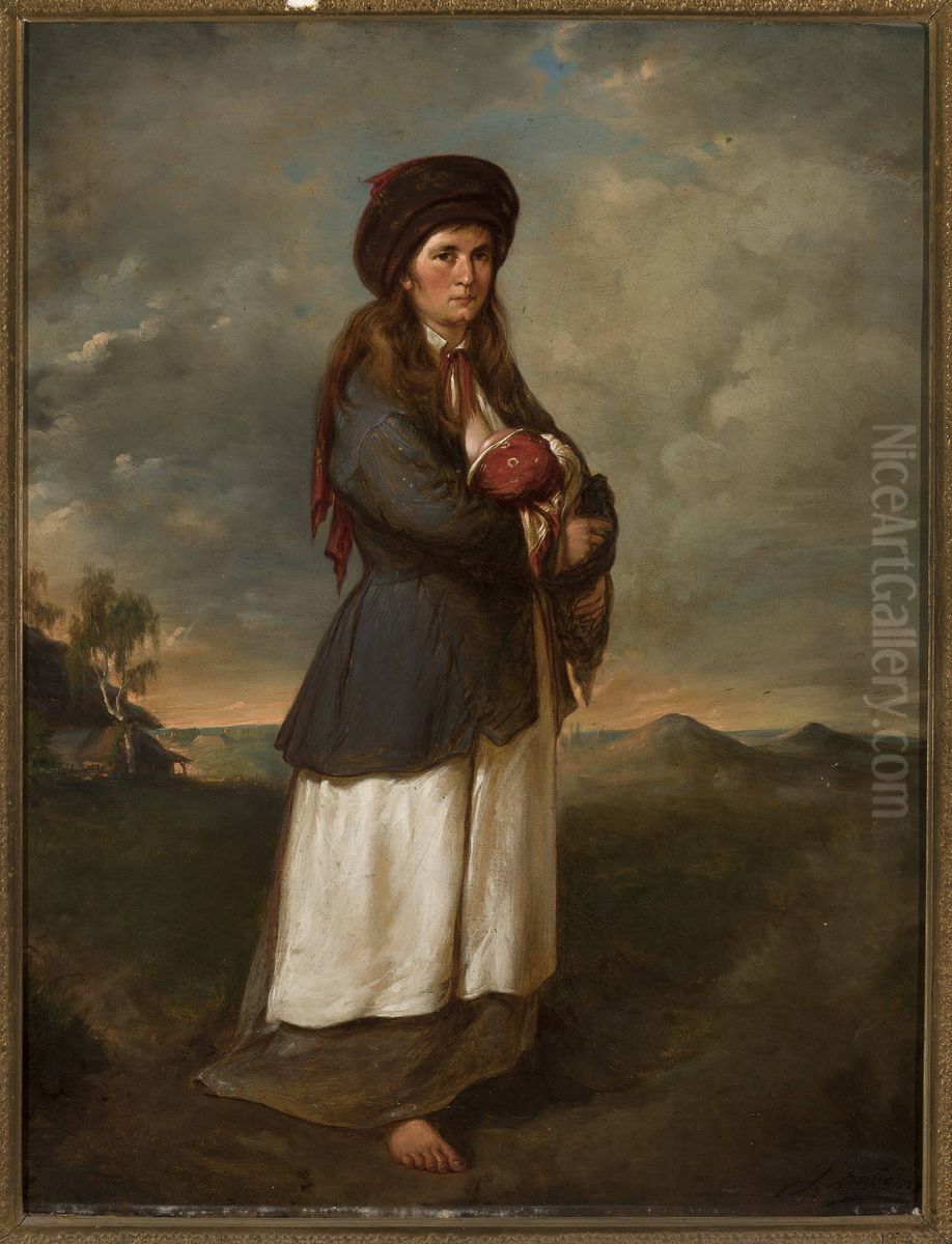 Woman with a child against landscape Oil Painting by Andrzej Grabowski