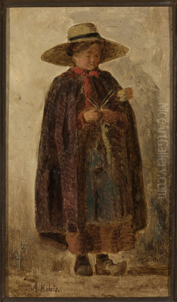 Woman knitting a garter Oil Painting by Aleksander Kotsis