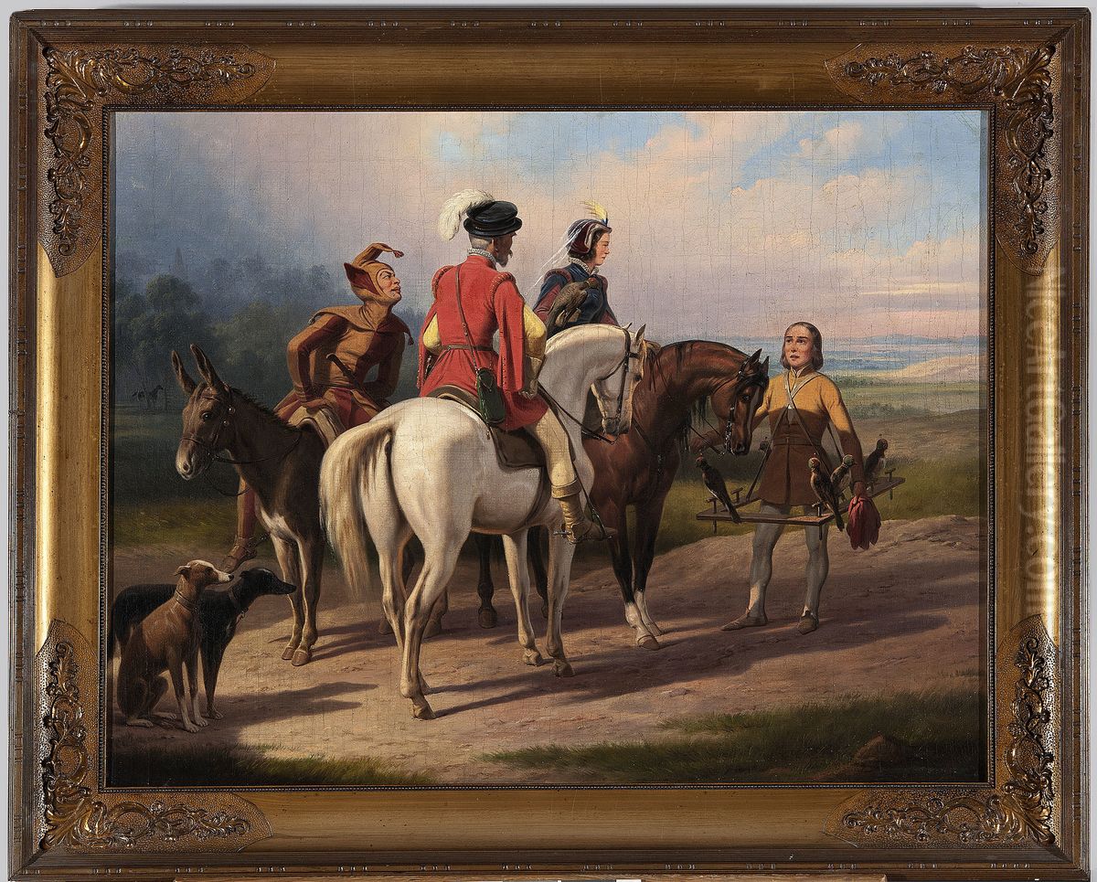 Hunting with falcons Oil Painting by January Suchodolski