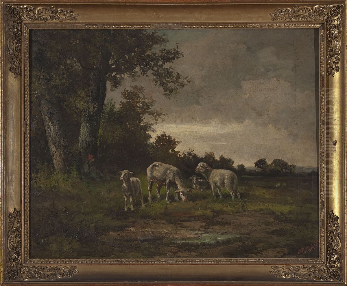 Sheep in the meadow at the forest edge Oil Painting by Michal Elwiro Andriolli