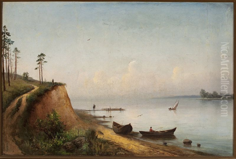 Landscape - Steep bank of the Viliya River Oil Painting by Jozef Marszewski