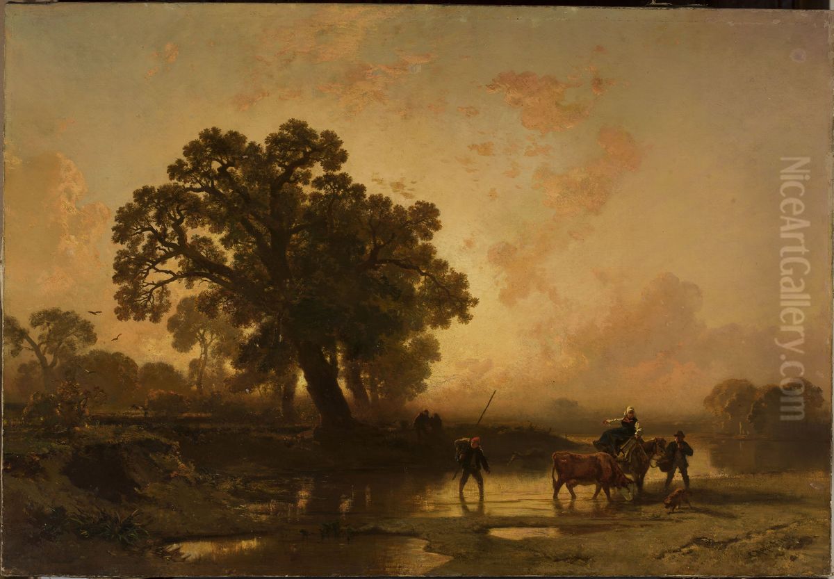 Riverside landscape at sunset Oil Painting by Charles Hoguet