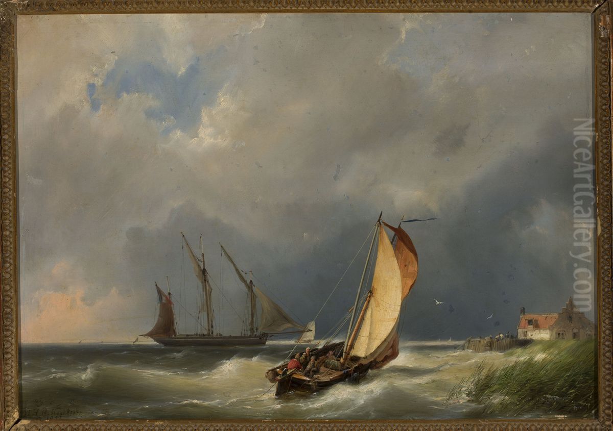 Sail boats on the sea Oil Painting by Johannes Hermanus Barend Koekkoek