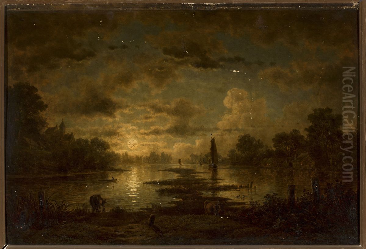 Moonlit night at the lake Oil Painting by Georg Saal