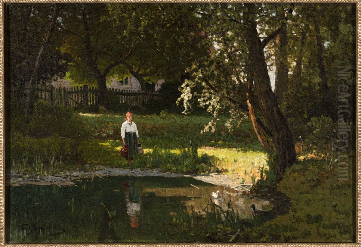 Girl at a pond Oil Painting by Walery Brochocki